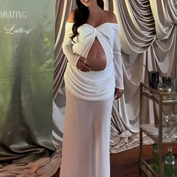 Momnfancy Chiffon Off Shoulder Crop Cut Out Ruched Chic Sheer Bodycon Party Baby Shower Long Sleeve Maternity Maxi Dress