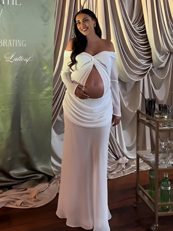 Momnfancy Chiffon Off Shoulder Crop Cut Out Ruched Chic Sheer Bodycon Party Baby Shower Long Sleeve Maternity Maxi Dress
