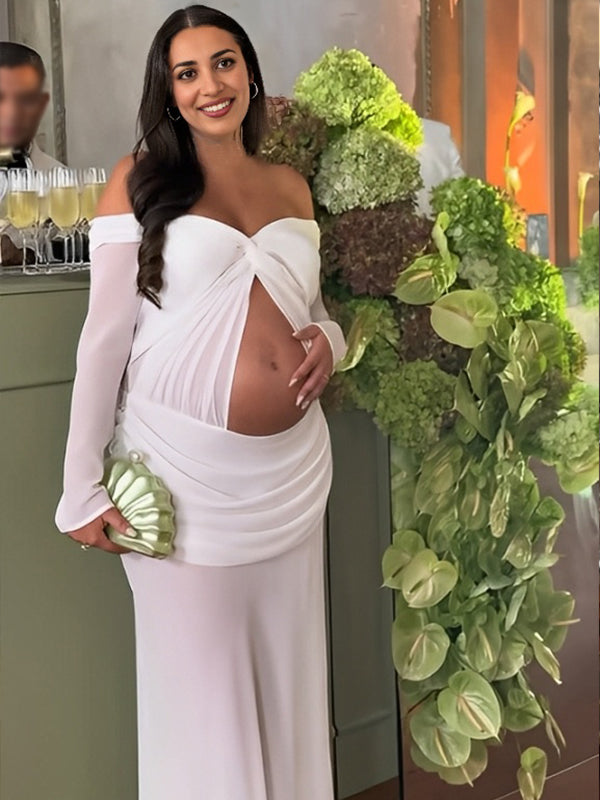 Momnfancy Chiffon Off Shoulder Crop Cut Out Ruched Chic Sheer Bodycon Party Baby Shower Long Sleeve Maternity Maxi Dress