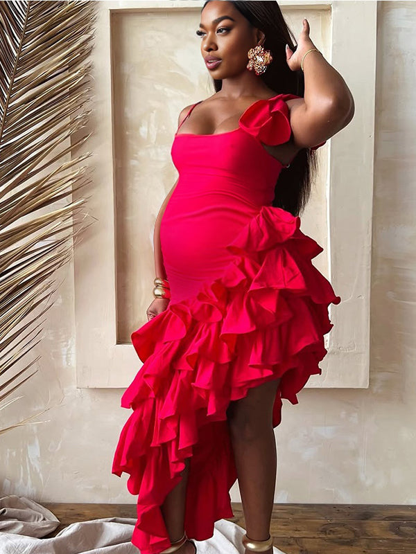 Momnfancy Spaghetti Strap Irregular Peplum Maternity Maxi Dresses