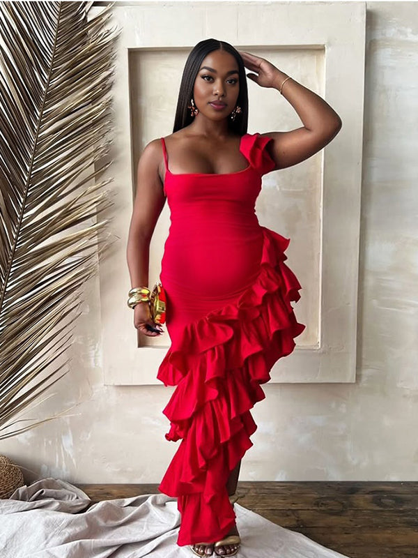 Momnfancy Spaghetti Strap Irregular Peplum Maternity Maxi Dresses