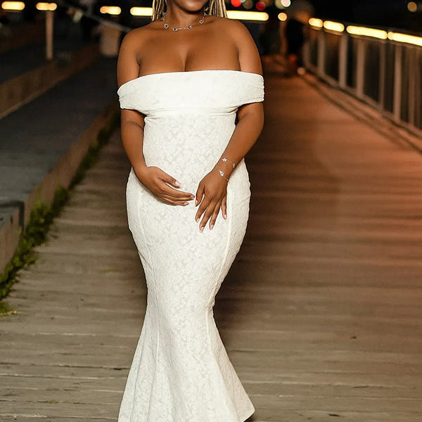 Momnfancy Lace Off Shoulder Ruched Backless Bodycon Maternity Maxi Dress
