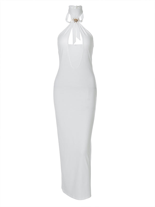 Momnfancy White Cut Out Crop Mental Buckle Backless Maternity Maxi Dress