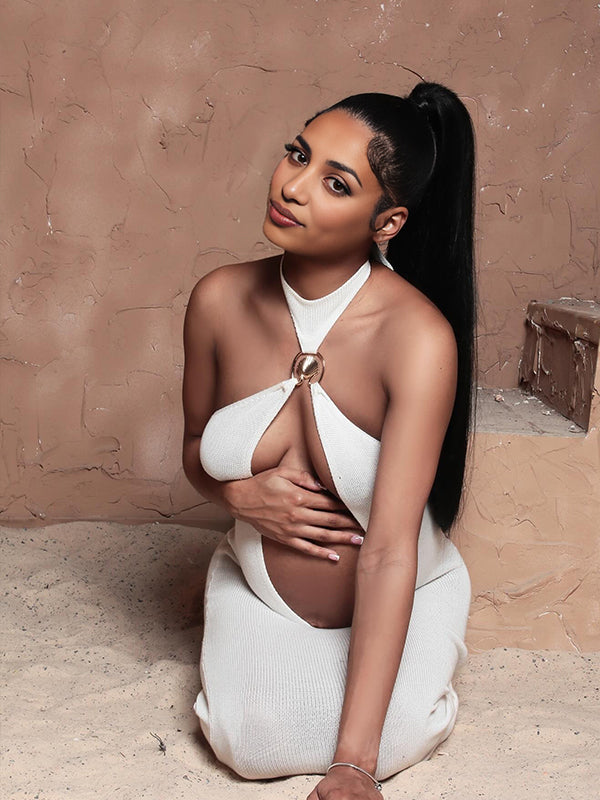 Momnfancy White Cut Out Crop Mental Buckle Backless Maternity Maxi Dress