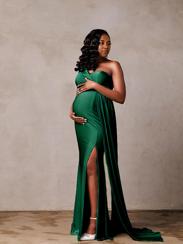 Momnfancy Elegant Satin Side Slit Mantilla Evening Gown Photoshoot Maternity Dress