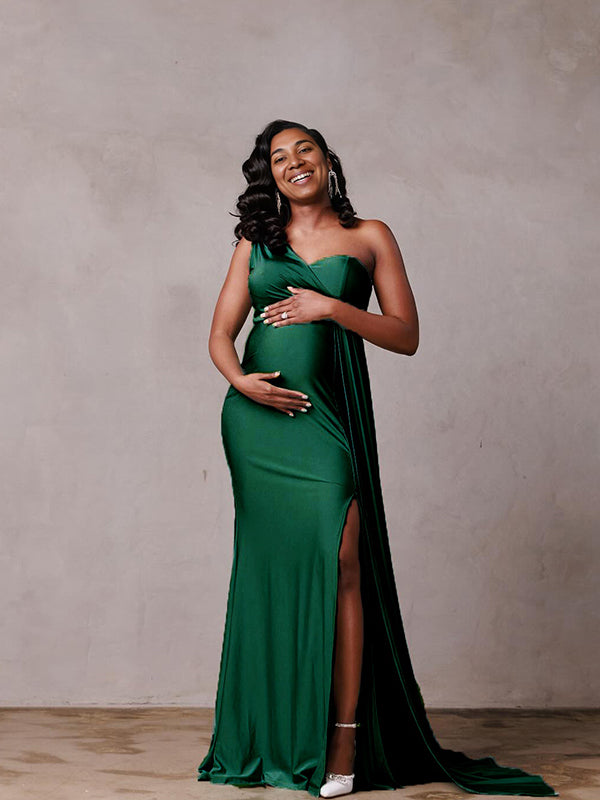 Momnfancy Elegant Satin Side Slit Mantilla Evening Gown Photoshoot Maternity Dress