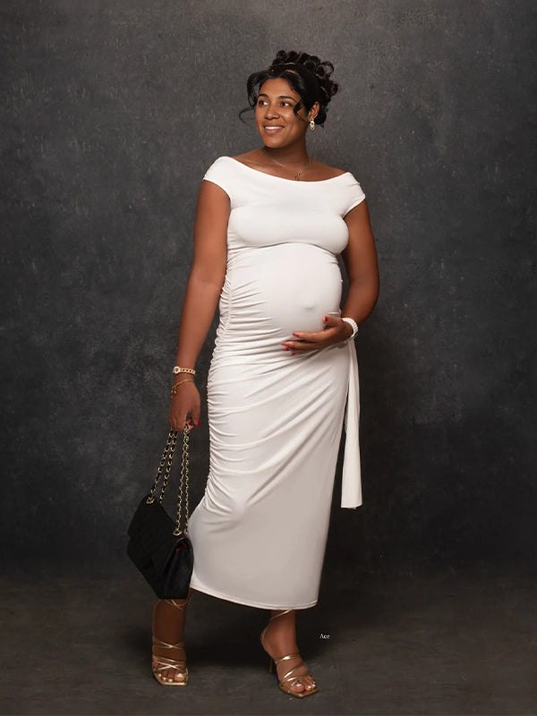 Momnfancy Off Shoulder Side Draped Ruched Photoshoot Maternity Maxi Dress