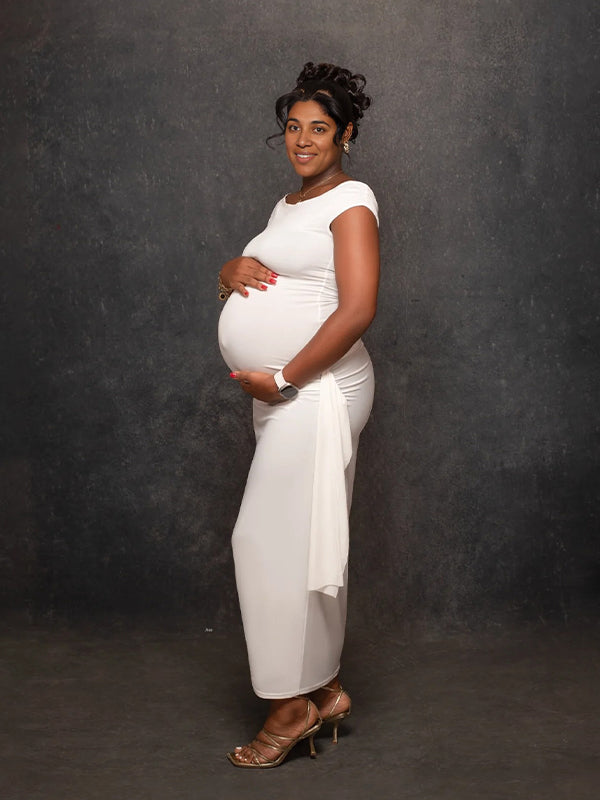 Momnfancy Off Shoulder Side Draped Ruched Photoshoot Maternity Maxi Dress