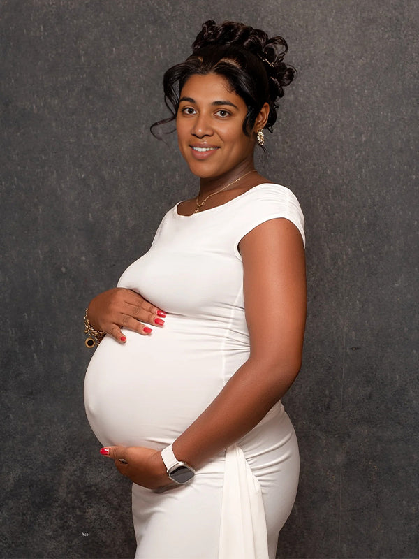 Momnfancy Off Shoulder Side Draped Ruched Photoshoot Maternity Maxi Dress