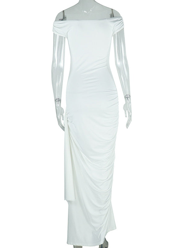 Momnfancy Off Shoulder Side Draped Ruched Photoshoot Maternity Maxi Dress