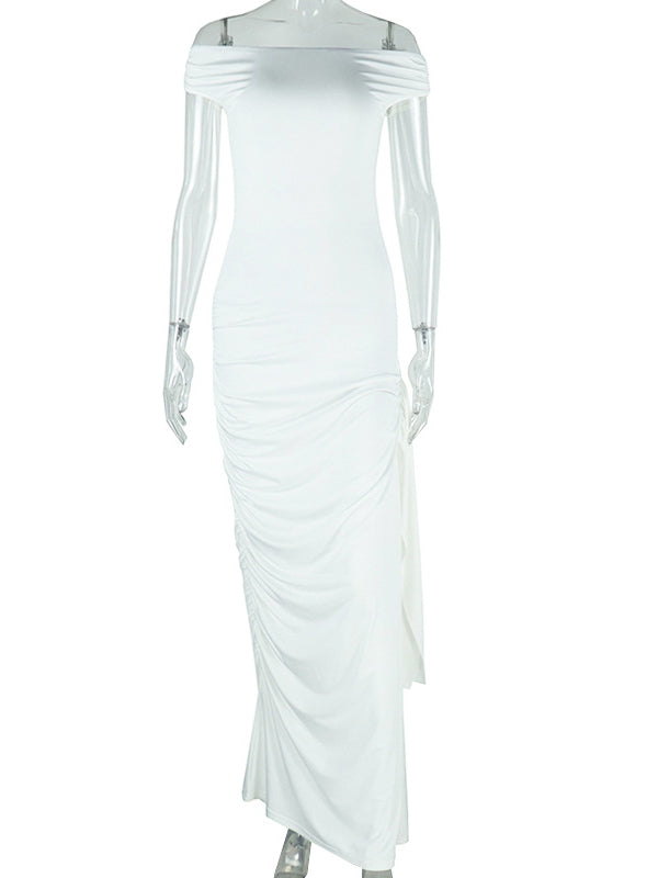 Momnfancy Off Shoulder Side Draped Ruched Photoshoot Maternity Maxi Dress