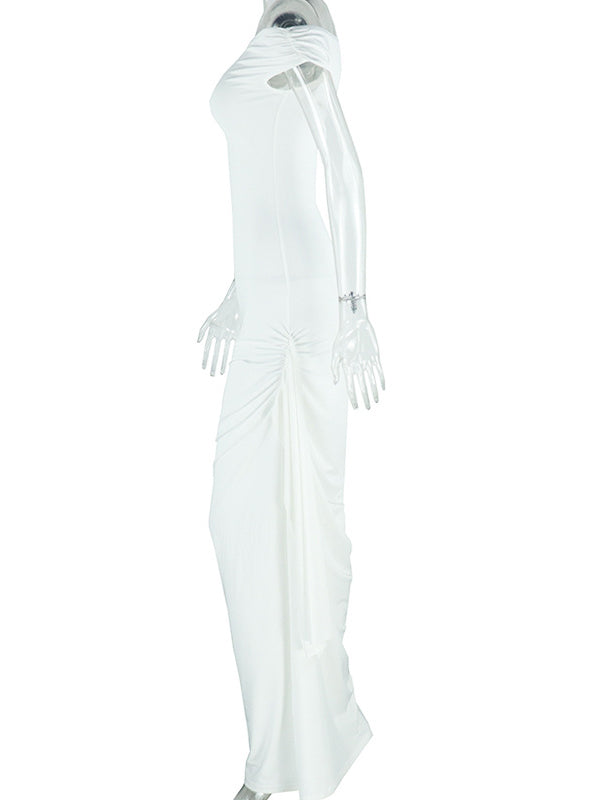 Momnfancy Off Shoulder Side Draped Ruched Photoshoot Maternity Maxi Dress