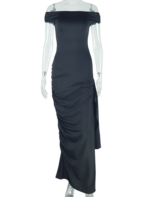 Momnfancy Off Shoulder Side Draped Ruched Photoshoot Maternity Maxi Dress