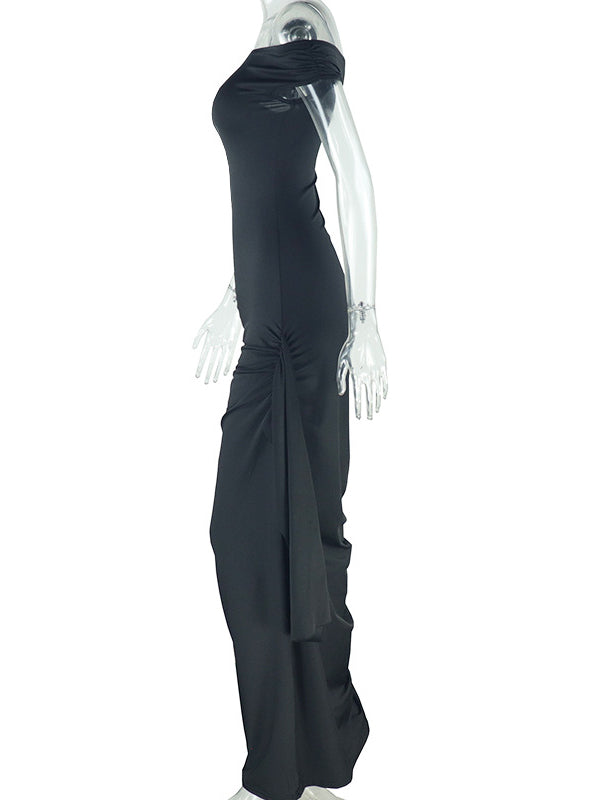 Momnfancy Off Shoulder Side Draped Ruched Photoshoot Maternity Maxi Dress