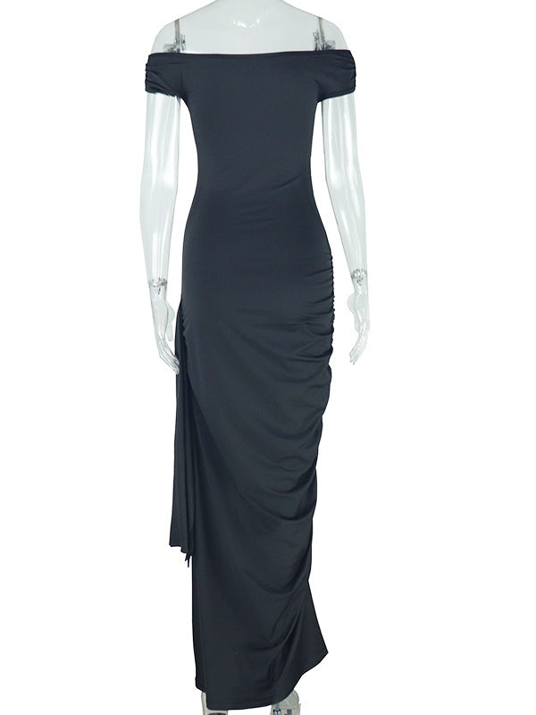 Momnfancy Off Shoulder Side Draped Ruched Photoshoot Maternity Maxi Dress