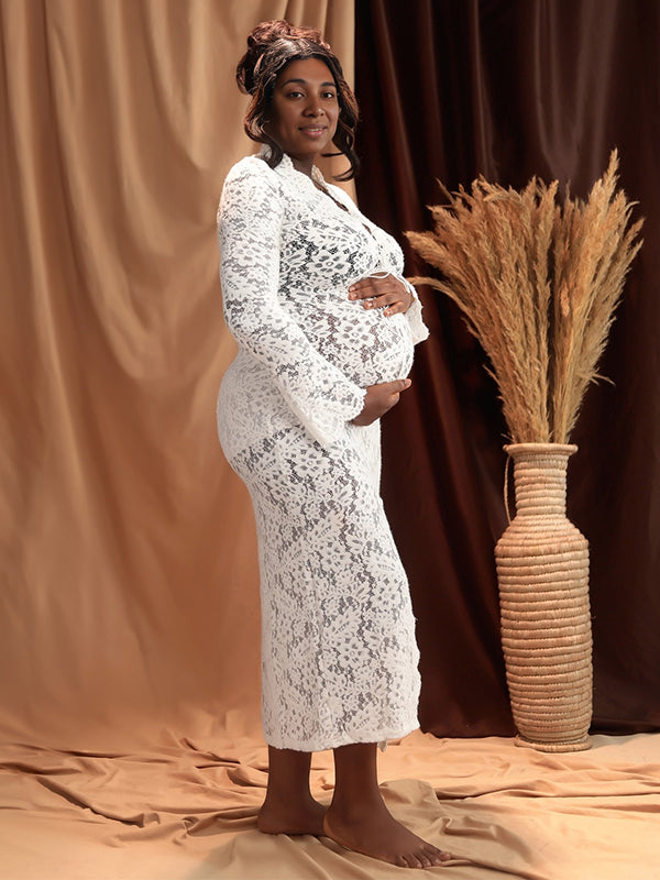 Momnfancy Lace Ruffle Front Slit Tie Photoshoot Maternity Maxi Dress