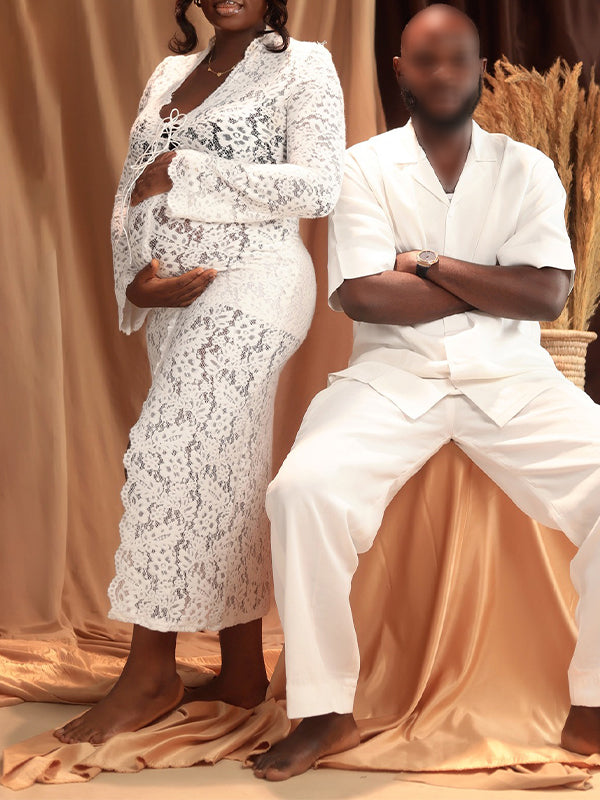 Momnfancy Lace Ruffle Front Slit Tie Photoshoot Maternity Maxi Dress