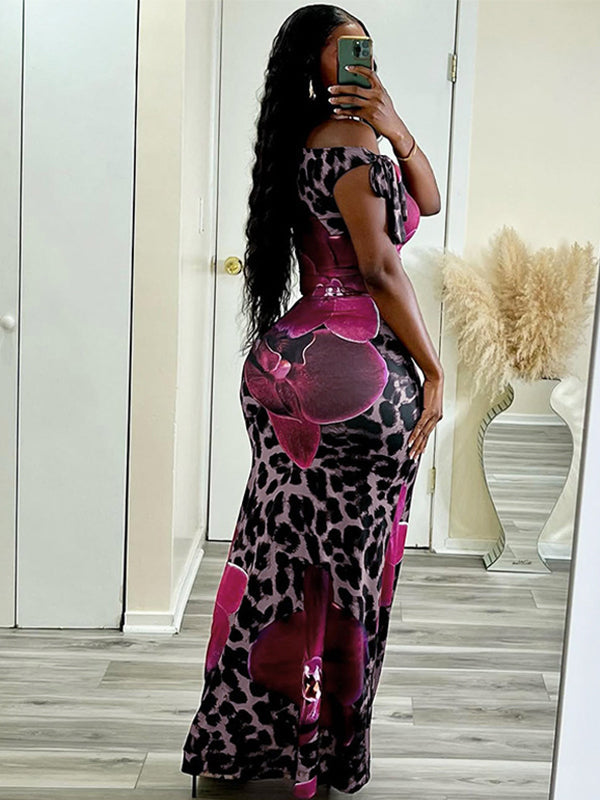 Momnfancy Leopard Rose Carmine 2-in-1 Print Photoshoot Maternity Maxi Dress