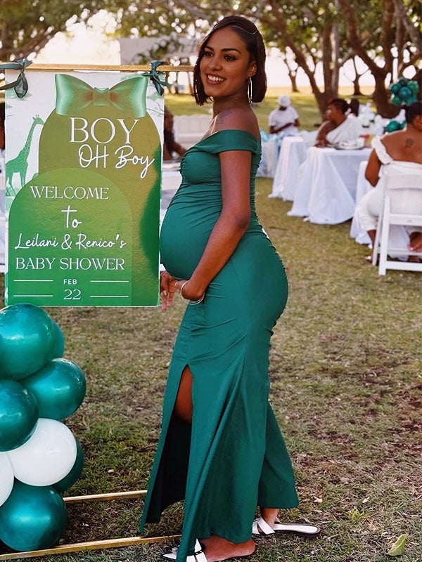 Momnfancy Off-Shoulder Fitted Slit Party Maternity Dress