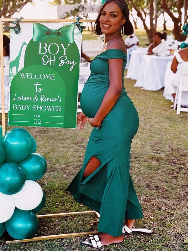 Momnfancy Off-Shoulder Fitted Slit Party Maternity Dress