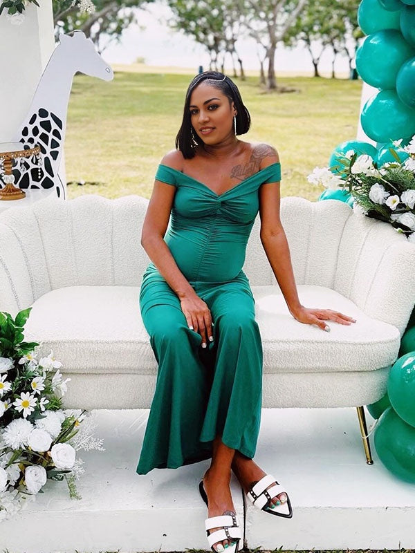 Momnfancy Off-Shoulder Fitted Slit Party Maternity Dress