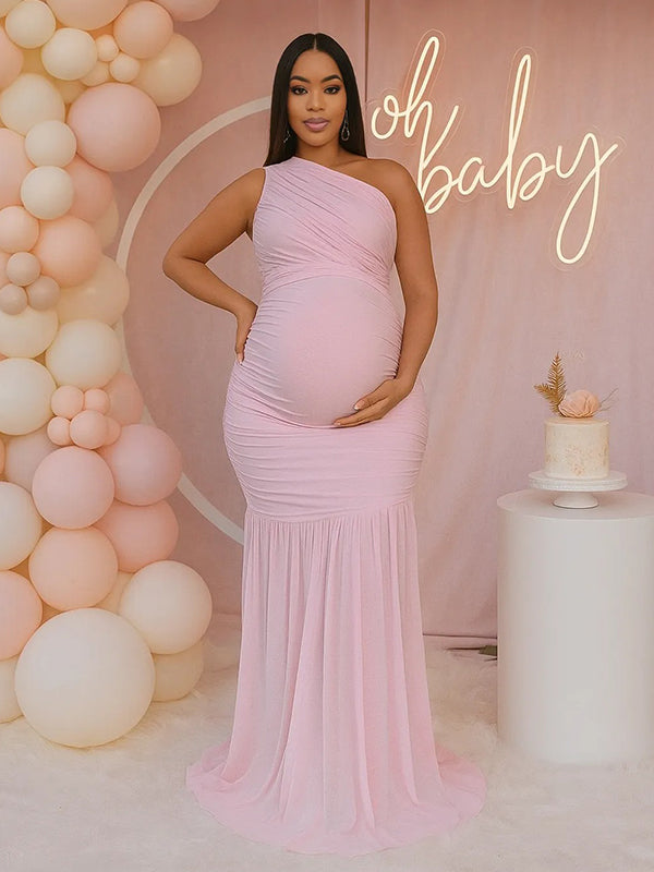 Momnfancy One Shoulder Mesh Ruched Mermaid Evening Gown Baby Shower Maternity Maxi Dress
