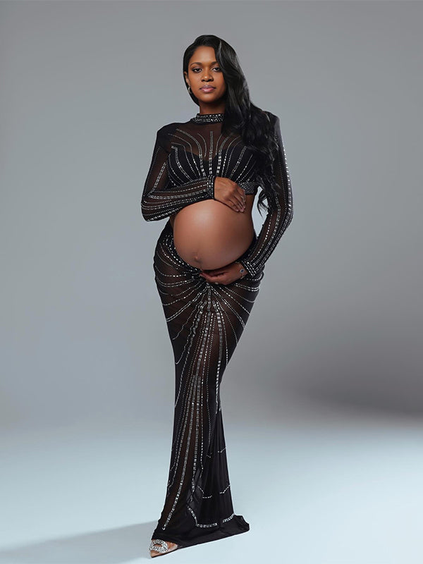 Momnfancy 2-in-1 Mesh Crop Rhinestones Photoshoot Maternity Maxi Dress