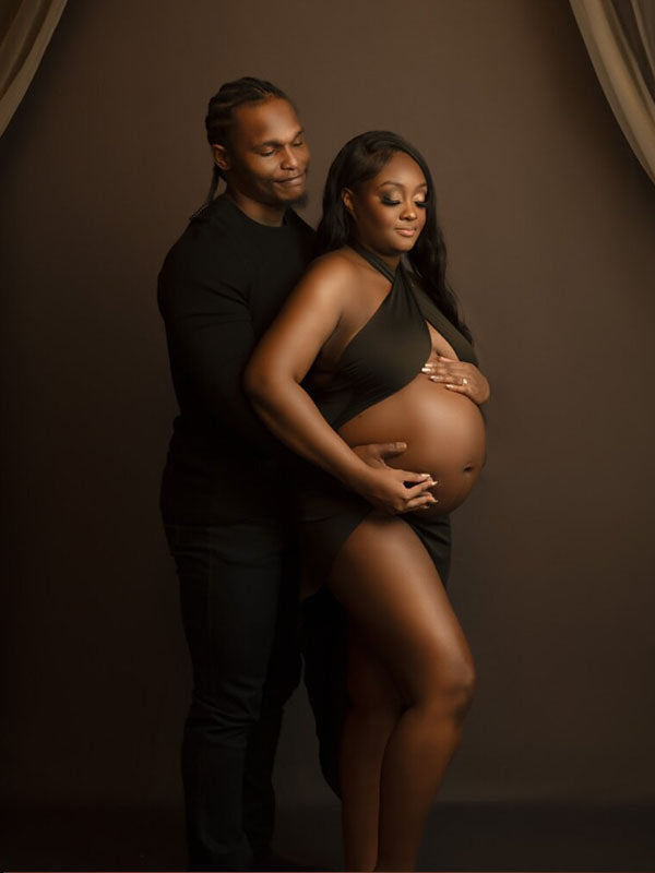 Momnfancy Black Cut Out Crop Thigh High Side Slits Ruched Knot Halter Neck Maternity Maxi Dress