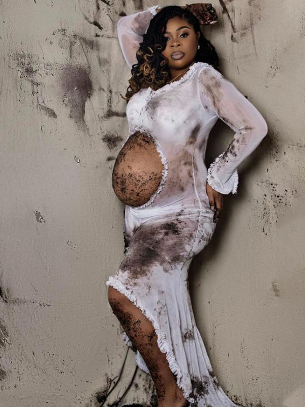 Momnfancy Mesh Ruffle Cut Out Crop Irregular Split Sheer Photoshoot Maternity Maxi Dress