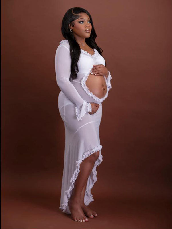 Momnfancy Mesh Ruffle Cut Out Crop Irregular Split Sheer Photoshoot Maternity Maxi Dress