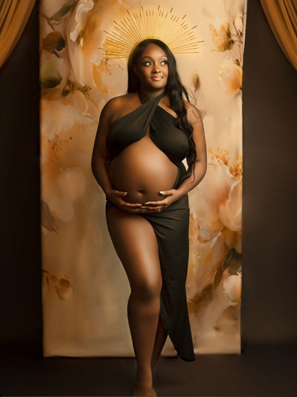 Momnfancy Black Cut Out Crop Thigh High Side Slits Ruched Knot Halter Neck Maternity Maxi Dress