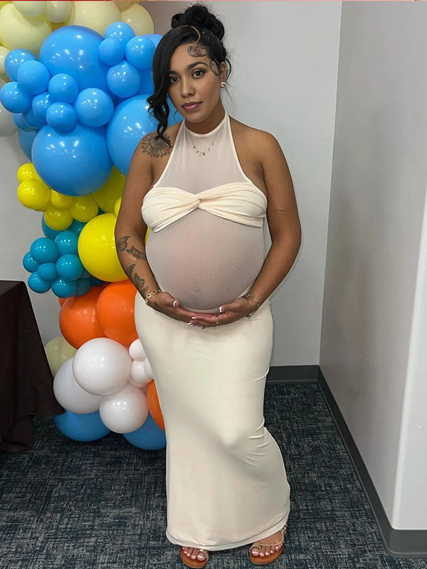 Momnfancy Mesh Bodycon Ruched Sheer Photoshoot Maternity Maxi Dress