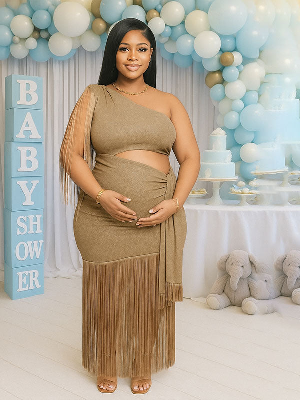 Momnfancy Bright Wire Tassel Cloak Sleeve One Shoulder Bodycon Evening Gown Baby Shower Maternity Maxi Dress