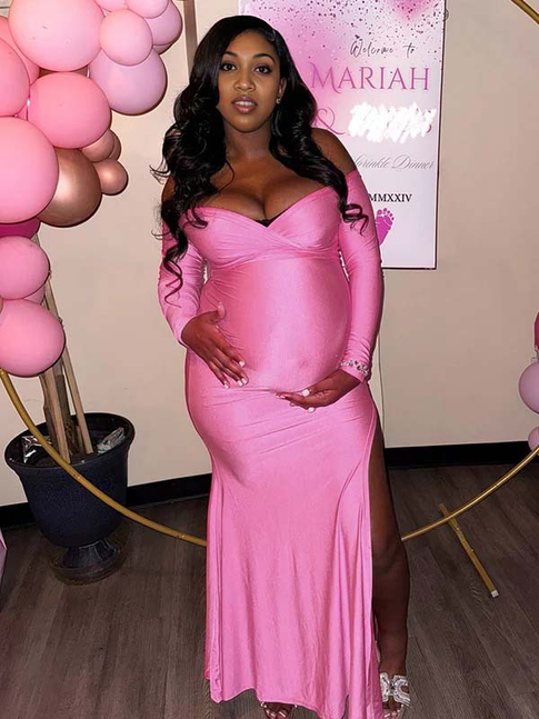 Momnfancy Pink Off Shoulder High Split Maternity Maxi Dress