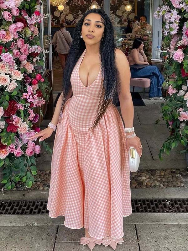 Momnfancy Halter Neck Plaid Flowy Photoshoot Party Maternity Dress