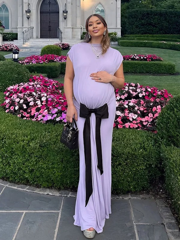 Momnfancy Purple Cut Out Bowknot Backless Bodycon Mermaid Evening Gown Baby Shower Maternity Maxi Dress