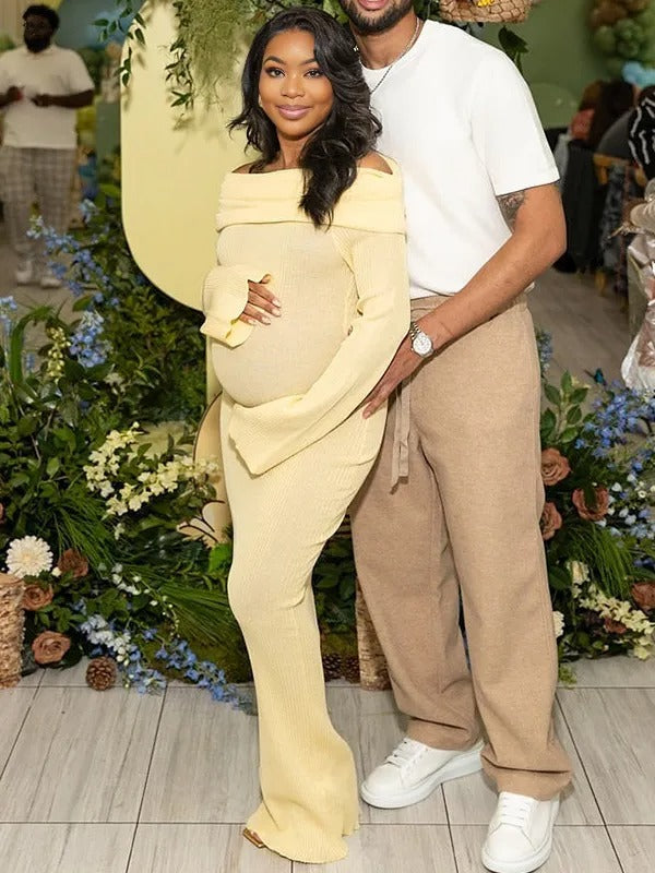 Momnfancy Yellow Knit Off Shoulder Flare Sleeve Mermaid Bodycon Elegant Vacation Photoshoot Baby Shower Maternity Maxi Dress