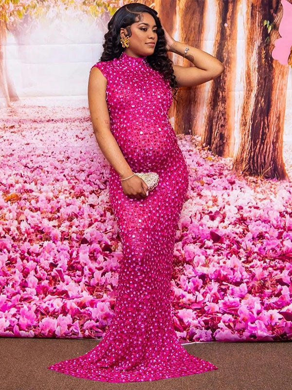 Momnfancy Diamond Trendy Fitted Sleeveless Mesh Club Evening Bodycon Baby Shower Maternity Maxi Dress