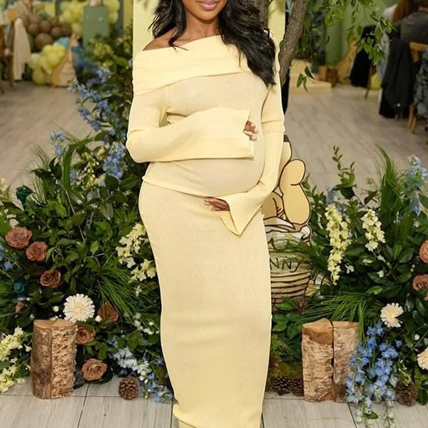 Momnfancy Yellow Knit Off Shoulder Flare Sleeve Mermaid Bodycon Elegant Vacation Photoshoot Baby Shower Maternity Maxi Dress