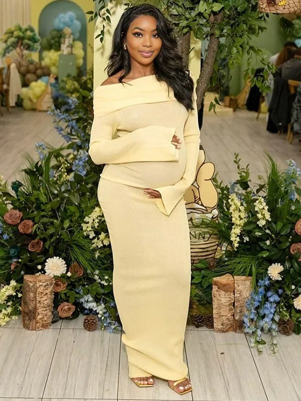 Momnfancy Yellow Knit Off Shoulder Flare Sleeve Mermaid Bodycon Elegant Vacation Photoshoot Baby Shower Maternity Maxi Dress