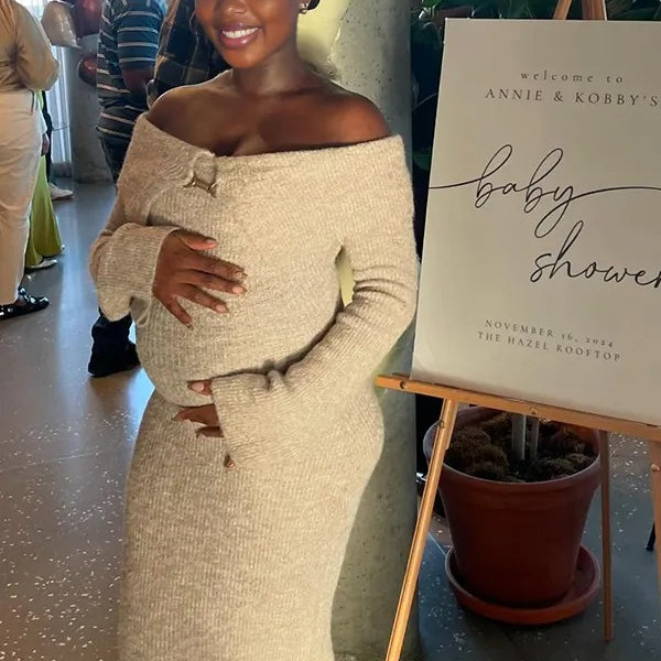 Momnfancy Off Shoulder Fluffy Knit Bardot Neckline Flare Sleeve Bodycon Elegant Going Out Party Maternity Photoshoot Baby Shower Maxi Sweater Dress