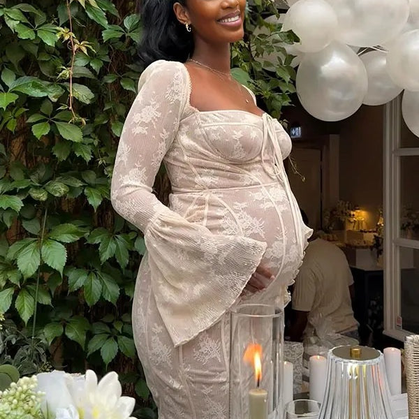 Momnfancy White Lace Corset Square Neck Flare Sleeve Ruffle Off Shoulder Bodycon Elegant Cocktail Party Maternity Baby Shower Maxi Dress