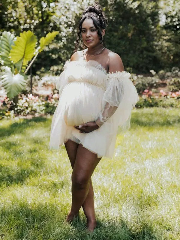 Momnfancy Romantic Cascading Ruffle Off Shoulder Tulle Baby Shower Plus Size Party Mesh Pricess Pregnant Photoshoot Maternity Mini Dress