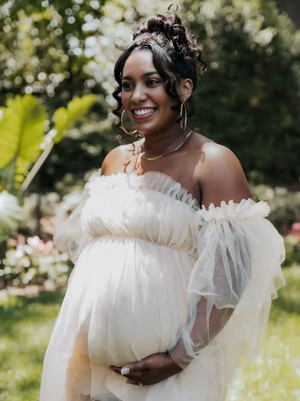 Momnfancy Romantic Cascading Ruffle Off Shoulder Tulle Baby Shower Plus Size Party Mesh Pricess Pregnant Photoshoot Maternity Mini Dress