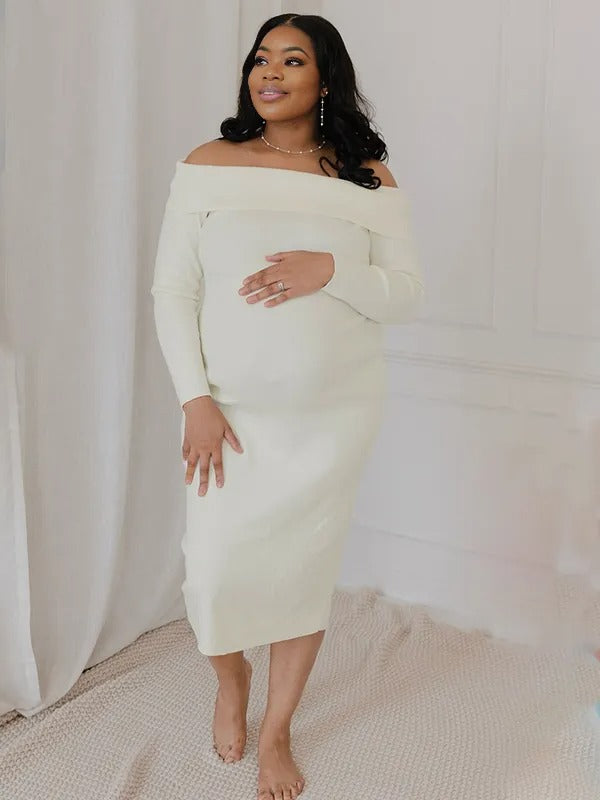 Momnfancy Off Shoulder Knit Bodycon Mermaid Going Out Baby Shower Maternity Sweater Maxi Dress