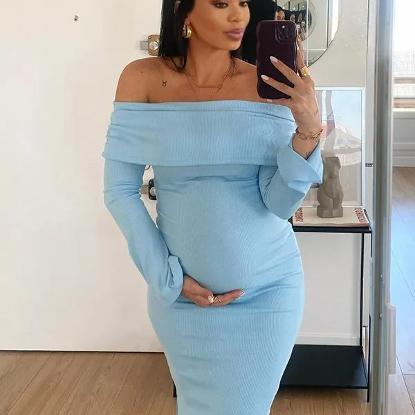 Momnfancy Blue Knit Ruched Off Shoulder Flare Sleeve Bodycon Elegant Cocktail Party Gown Maternity Photoshoot Baby Shower Maxi Dress