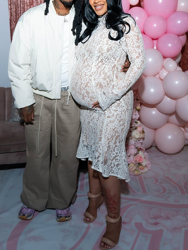 Momnfancy White Lace Ruffle Sheer Mermaid Flare Long Sleeve Sleeve Party Baby Shower Bodycon Maternity Midi Dress