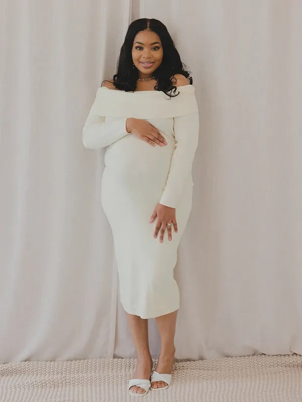 Momnfancy Off Shoulder Knit Bodycon Mermaid Going Out Baby Shower Maternity Sweater Maxi Dress