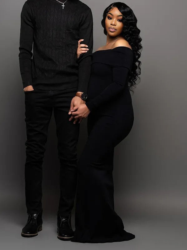 Momnfancy Off Shoulder Solid Color Mermaid Bodycon Elegant Photoshoot Maternity Maxi Sweater Dress