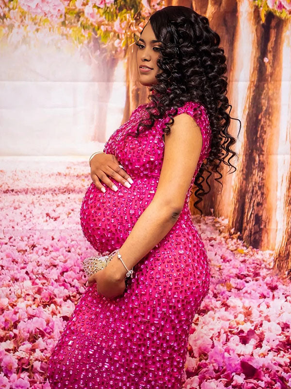 Momnfancy Diamond Trendy Fitted Sleeveless Mesh Club Evening Bodycon Baby Shower Maternity Maxi Dress